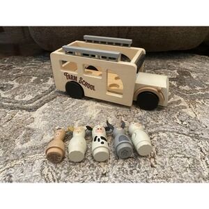 Hearth & Hand Magnolia Wood Farm School Bus Kids Play Toy 5 Animals Montessori
